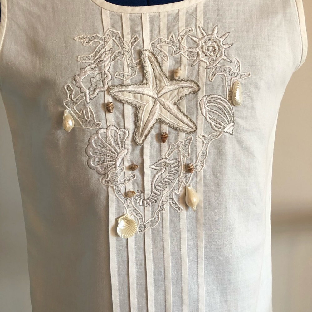 White Sleeveless Embroidered Cotton Ramie Top